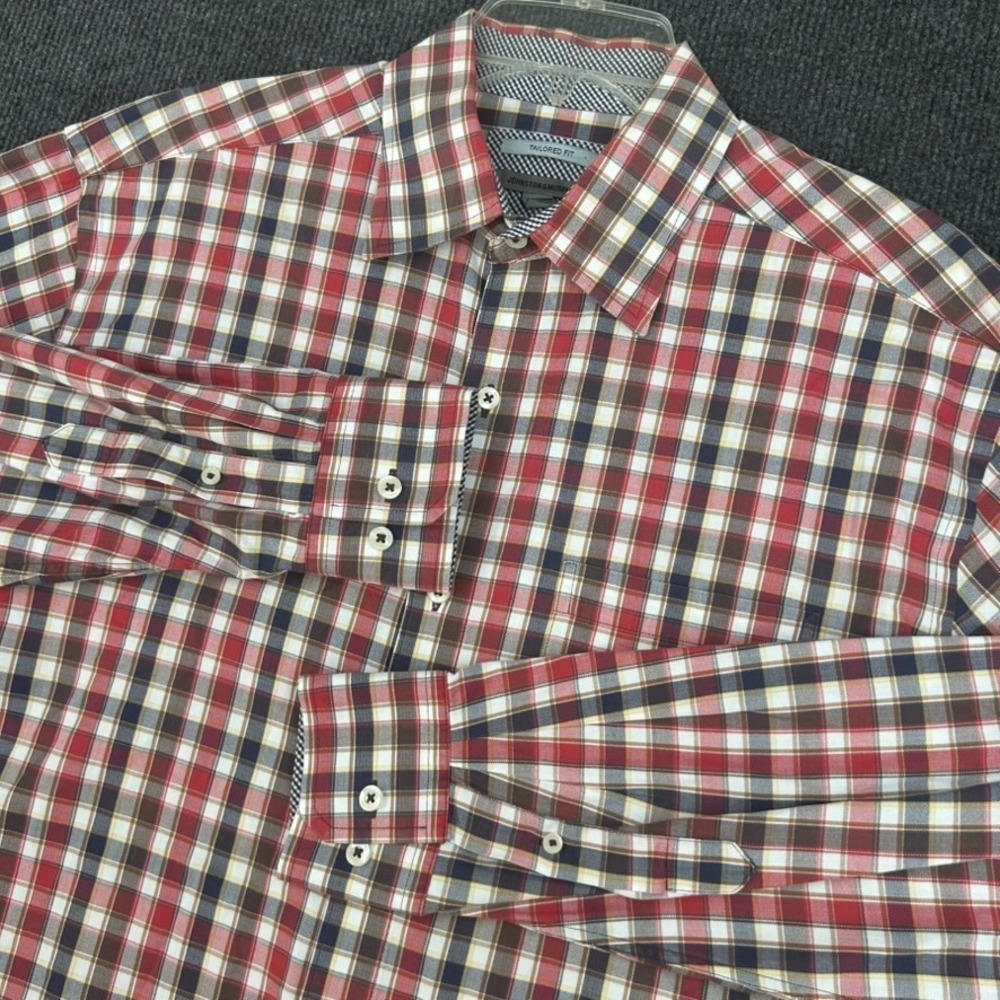 Johnston & Murphy Men's Shirt Large Tailored Fit Long Sleeve Button Red Plaid - Picture 1 of 16